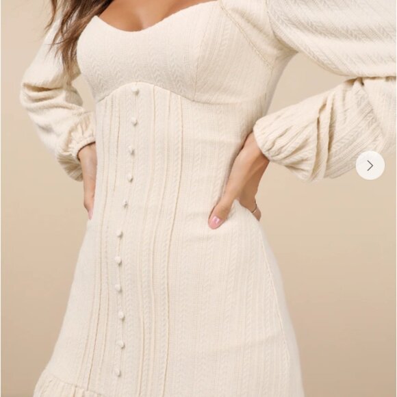Lulus Coveted Sweetness Cream Pointelle Knit Long Sleeve Mini Dress White - Picture 3 of 3